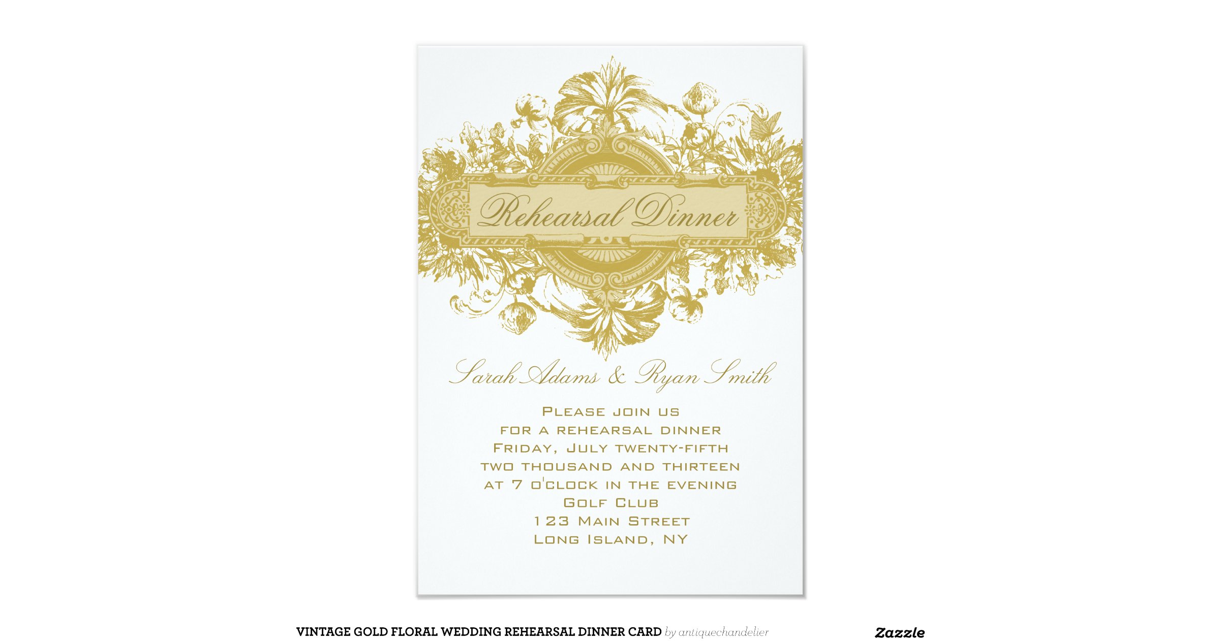 VINTAGE GOLD FLORAL WEDDING REHEARSAL DINNER CARD 3.5" X 5" INVITATION