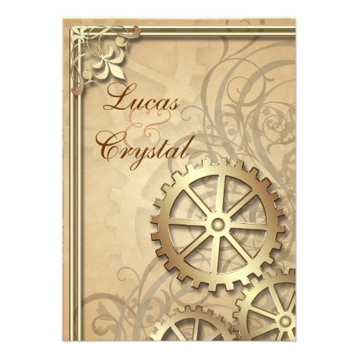 Vintage Gold Gears Steampunk Wedding Invitation