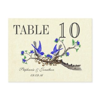 Vintage Grey Bird Royal Blue Blossoms Table Number