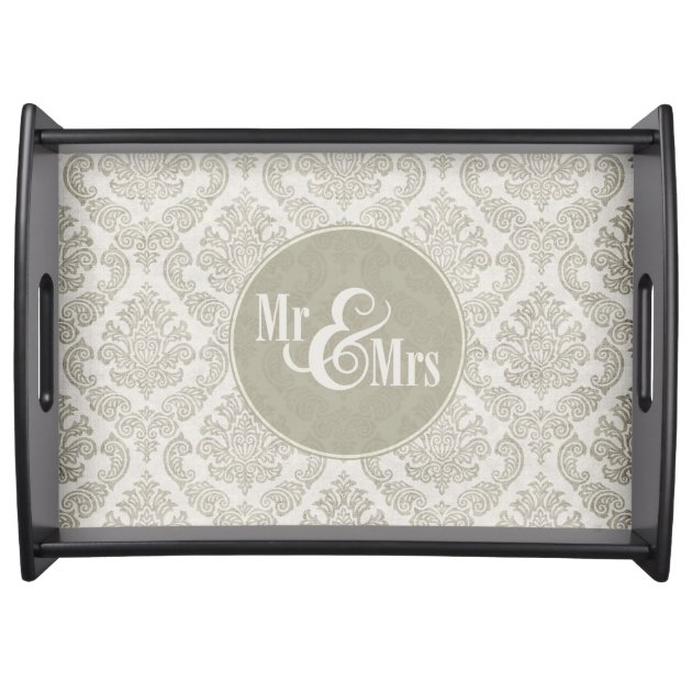 Vintage Gray Damask "Mr & Mrs" Serving Tray