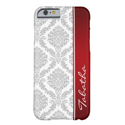 Vintage Gray White Damask Red Monogram iPhone 6 ca Barely There iPhone 6 Case