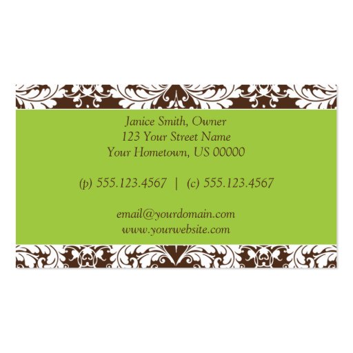 Vintage Green and Brown Damask Business Card (back side)