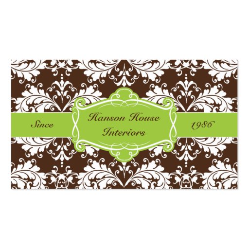 Vintage Green and Brown Damask Business Card (front side)