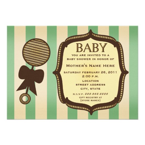 Vintage Green Baby Shower Rattle & Stripes Custom Invitation