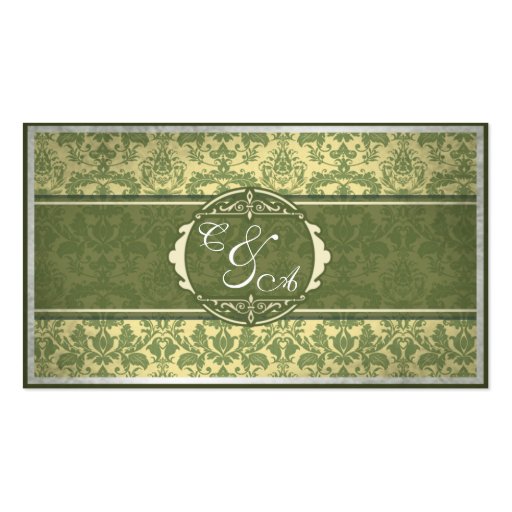 Vintage Green Damask Wedding place card Business Card Template (front side)