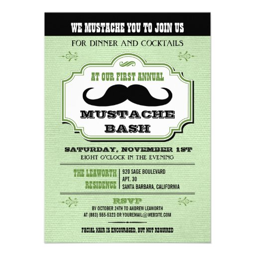Vintage Green Mustache Bash Invites