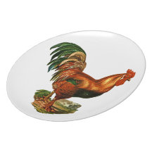 Vintage Green Tail Feathers Rooster Cockerel Dinner Plates
