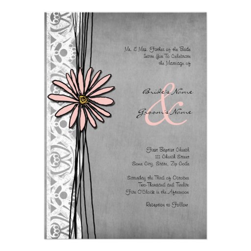 Vintage Grey and Pink Daisy Wedding Invitations
