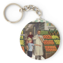 Vintage Grocer and Boy Next to the Fruit Stand Keychains