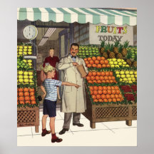 Vintage Grocer and Boy Next to the Fruit Stand Posters