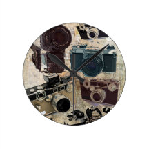 Vintage Grunge Retro Cameras Pattern Clocks