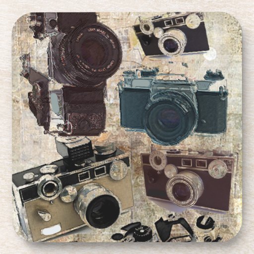 Vintage Grunge Retro Cameras Pattern Beverage Coasters