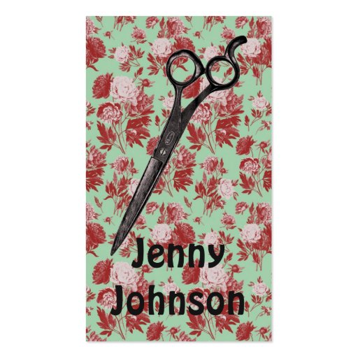 vintage hair stylist floral mint pink red scissors business card template (front side)