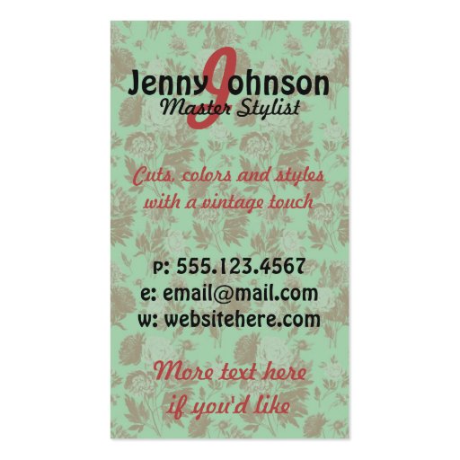 vintage hair stylist floral mint pink red scissors business card template (back side)