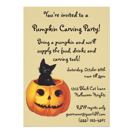 Vintage Halloween Black Cat Pumpkin Carving Party Personalized Invitation