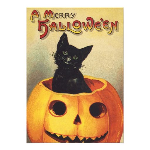Vintage Halloween Black Cat Pumpkin Carving Party Personalized Invitation
