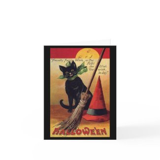 Vintage Halloween Black Cat, Witch&#39;s Broom and Hat Greeting Cards