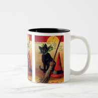 Vintage Halloween Black Cat, Witch's Broom and Hat Mug