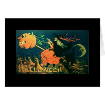 Vintage Halloween card, Witch on broom, pumpkin