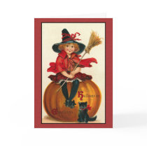 Vintage Halloween Cat and Girl Card