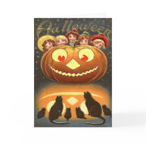 Vintage Halloween Children and Cats Card