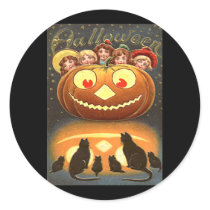 Vintage Halloween Children and Cats Round Stickers