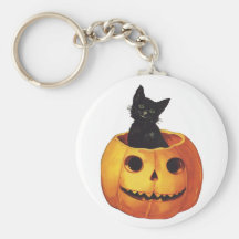 Vintage Halloween Cute Smiling Black Cat Pumpkin Keychain