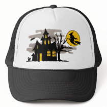Vintage Halloween Flying over Haunted House hats by TeeShirtsTShirts Vintage Halloween Flying over Haunted House hats