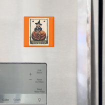 Vintage Halloween Girl on Jack o'Lantern Refrigerator Magnet