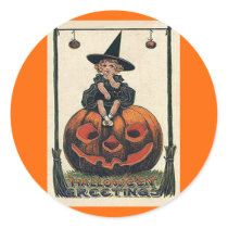 Vintage Halloween Girl on Jack o'Lantern Round Sticker