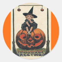 Vintage Halloween Girl on Jack o'Lantern Round Sticker