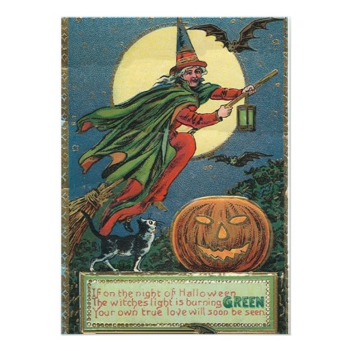 Vintage Halloween Invitations of a flying Witch