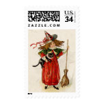 Vintage Halloween Little Witch Girl with a Cat Postage Stamps