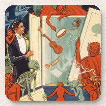 Vintage Halloween Magician and Spooky Magic Act Coaster