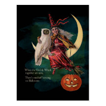 Vintage Halloween Owl and Witch Postcard