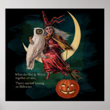 Vintage Halloween Owl and Witch Poster