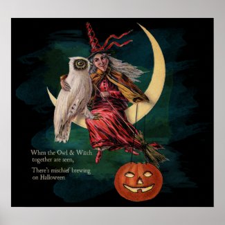 Vintage Halloween Owl and Witch Poster
