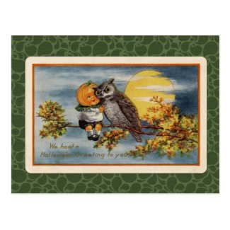 Vintage Halloween Pumpkin Boy and Owl Post Cards
