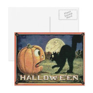 Vintage Halloween Pumpkin & Cat in Mosaic postcard