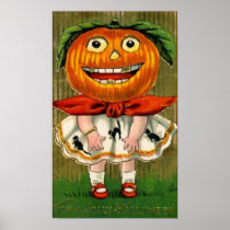 Vintage Halloween Pumpkin Head Girl Posters