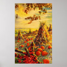 Vintage Halloween Pumpkin Patch with Haystacks Poster