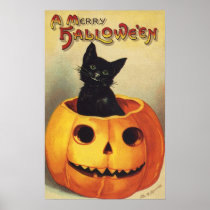 Vintage Halloween Smiling Black Cat in Pumpkin Poster