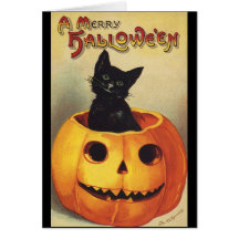 Vintage Halloween Smiling Cute Black Cat Pumpkin Cards