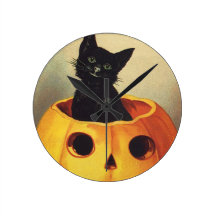 Vintage Halloween Smiling Cute Black Cat Pumpkin Round Wallclock