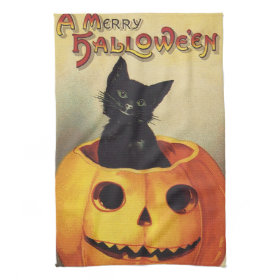 Vintage Halloween Smiling Cute Black Cat Pumpkin Kitchen Towel