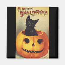 Vintage Halloween Smiling Cute Black Cat Pumpkin Magnet
