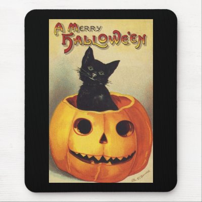 Vintage Halloween Smiling Cute Black Cat Pumpkin Mouse Pads