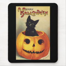 Vintage Halloween Smiling Cute Black Cat Pumpkin Mouse Pads