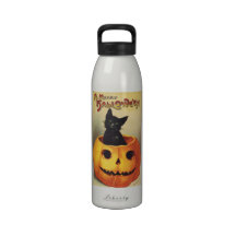 Vintage Halloween Smiling Cute Black Cat Pumpkin Drinking Bottle