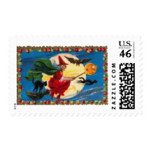 Vintage Halloween Spirit Witch Postage Stamp